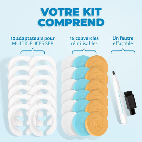 Lot de 18 couvercles avec 12 adaptateur multidélices